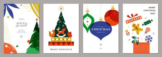 Modern bold and bright Christmas cards. Christmas tree, gift box, Christmas ornaments. For graphic and web design, social media banner.