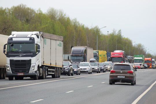 NOVGOROD REGION, RUSSIA - MAY 27, 2017: Traffic jam on the M10 "Russia" highway on a cloudy May day