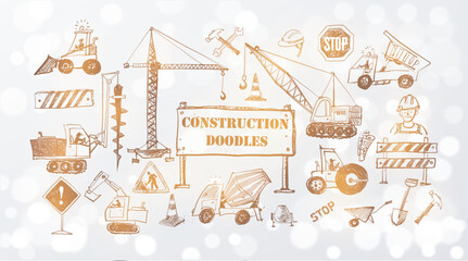 Vector doodle sketch of various heavy construction vehicles, including cranes, excavators, trucks, and loaders, in hand-drawn style on white shimmering background