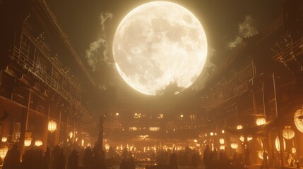 Fototapeta premium Enigmatic Japanese Marketplace: Trading Mystical Artifacts under the Waning Moon