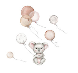 Watercolor Air Balloons and koala on isolated background. Hand drawn illustration for greeting cards or invitations with cute animals. Happy birthday decor on pastel golden beige colors.