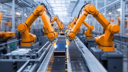 Automated robotic arms sorting packages in a high-tech warehouse during daytime operations