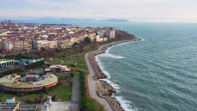 Aerial view of Kadikoy coast with residential and business in Istanbul