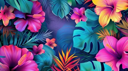 Vibrant tropical flowers and leaves in vivid colors creating a lush background