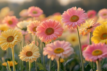 floral pattern, explore a blossoming flower field design with raised petals in pink and yellow, creating a calming and joyful atmosphere