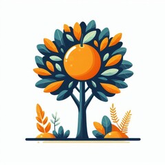 Orange tree with ripe large fruits. Generous harvest. Organic food. Advertising illustration