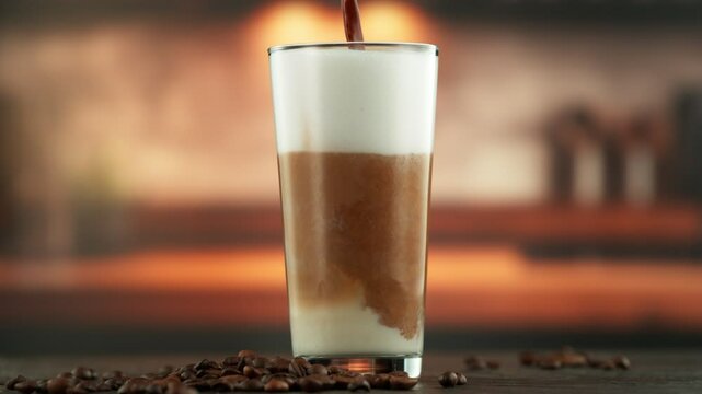 Super Slow Motion of Pouring Coffee Liquid into a Drink, Close-up, Blur Industrial Interior on Background. Filmed on High Speed Cinema Camera, 1000 fps.