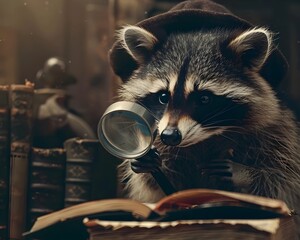 Curious Raccoon Investigates Clues with Magnifying Glasses in Detective Style Scene