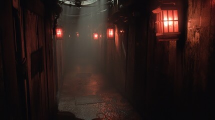 Fototapeta premium Eerie Japanese Mythical Alleyway with Whispering Shadows under Flickering Lamp Light