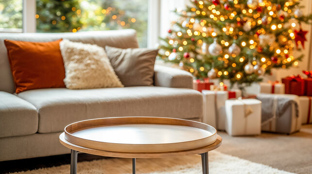 petite table basse vide pour pr&eacute;sentation de produit avec canap&eacute; et sapin de No&euml;l en arri&egrave;re-plan