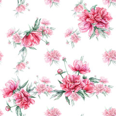 Seamless pattern with watercolor bouquet of pink peony flowers in full bloom. Hand drawn illustration beautiful floral flower. Repeat wallpaper with summer botanical plant on isolated.