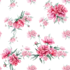Gordijnen Vintage Bloemen Seamless pattern with watercolor bouquet of pink peony flowers in full bloom. Hand drawn illustration beautiful floral flower. Repeat wallpaper with summer botanical plant on isolated.  © Ekatmart