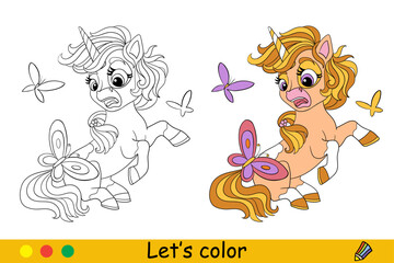 Coloring cute unicorn with butterflies vector illustration