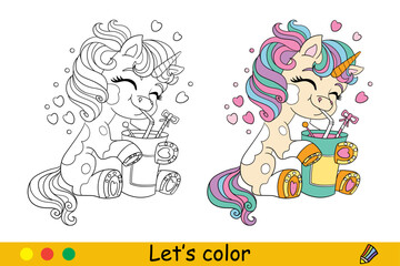 Coloring cute baby unicorn with coctail vector illustration