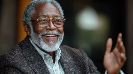 Obraz premium An elderly man with gray hair and glasses shares laughter in a relaxed outdoor atmosphere on a sunny afternoon with friends