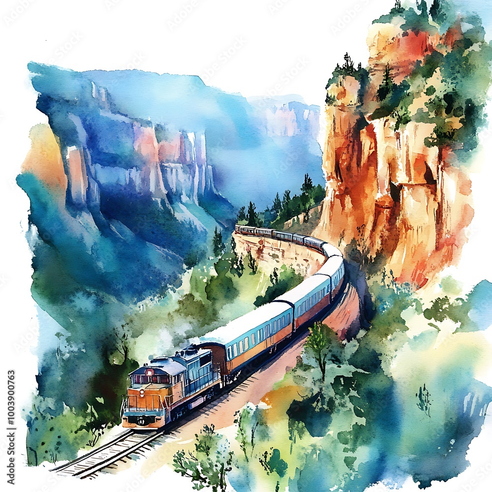 Wall mural Watercolor painting of a train winding through a mountain pass.