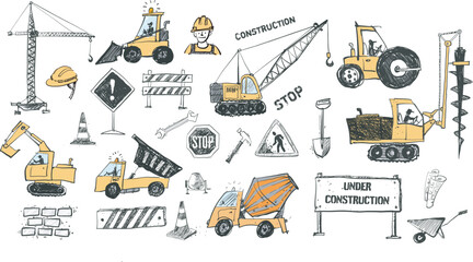 Hand drawn colored vector doodle sketch of various heavy construction vehicles, including cranes, excavators, trucks, and loaders on white background