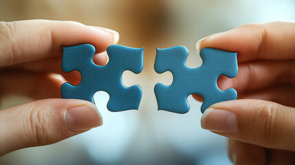Two hands holding blue puzzle pieces, symbolizing collaboration and connection in business or personal life