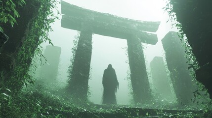 Obraz premium Haunting Japanese Ghost Figure Roaming Ancient Abandoned Shrine Amid Overgrown Vines and Eerie Fog