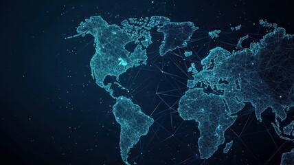 A digital representation of the world, highlighting continents with glowing dots on a dark background, symbolizing global connectivity and data flow.