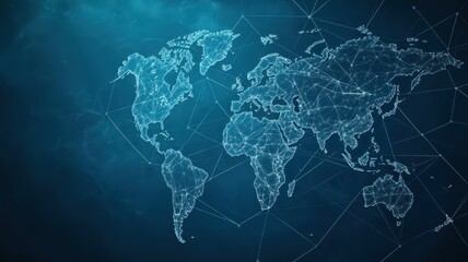 Fototapeta premium A digital representation of a world map, featuring interconnected nodes and lines, symbolizing global connectivity and data flow.