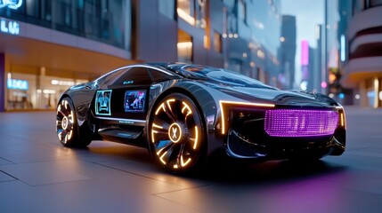 Fototapeta premium Futuristic Electric Car with Neon Lights in Urban Setting