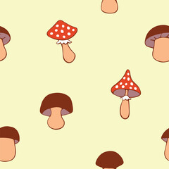 Seamless cute autumn pattern with mushrooms isolated in doodle flat style. Forest nature ornament. Vector illustration, kids design