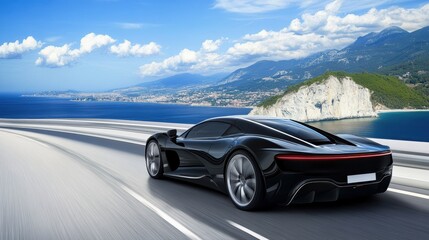 Naklejka premium Sleek Black Car Driving by the Coastal Highway