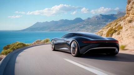 Fototapeta premium Sleek Modern Car Driving Along Scenic Coastal Road