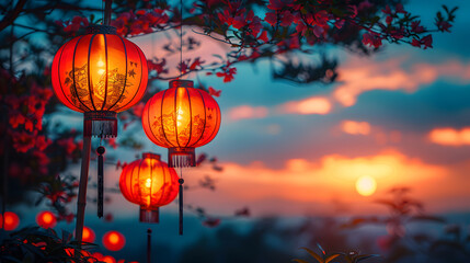 Obraz premium vibrant red lanterns hang gracefully against stunning sunset backdrop, creating warm and festive atmosphere. intricate designs on lanterns add touch of elegance, making this scene perfect for
