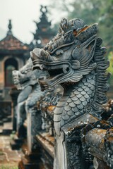 Fototapeta premium Intricate and detailed stone dragon sculptures beautifully adorn a serene and tranquil ancient temple landscape