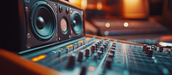 Close-up of a professional audio mixing console with a pair of studio monitors.