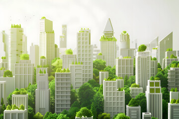 clean and modern 3D illustration of city skyline featuring green buildings and lush greenery, showcasing harmonious blend of nature and urban architecture