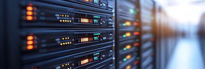 Naklejka premium Servers In Data Center, Big Data And Cloud Computing With Depth of Field, Technology Background