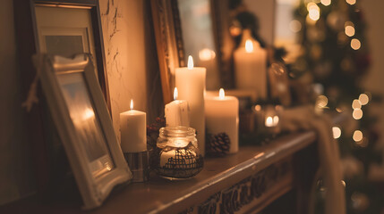 cozy fireplace mantel adorned with glowing candles creates warm and inviting atmosphere, perfect for holiday gatherings and relaxation. soft light enhances festive decor