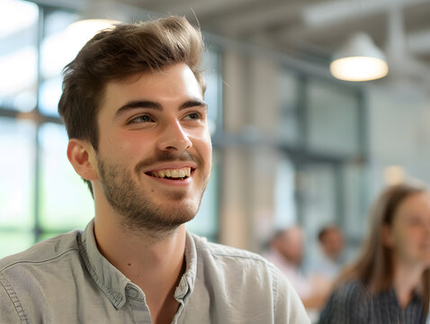 Confident young man smiling in modern workspace, engaged in conversation with colleagues. His positive demeanor reflects enthusiasm and approachability