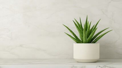 A simple green aloe vera plant in a white pot rests on a light surface against a textured wall, creating a calm and modern ambiance.