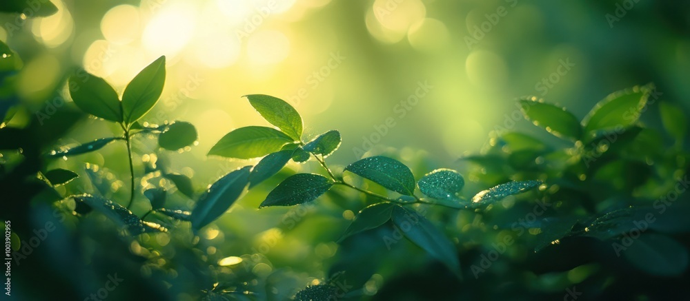 Wall mural Close-up of lush green leaves with a soft, warm sunlight shining through.