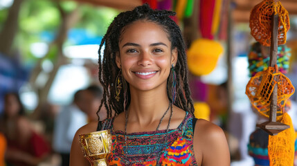 Fototapeta premium A cheerful young woman proudly holds a golden cup, wearing vibrant attire in a lively market filled with colorful crafts and people enjoying the day
