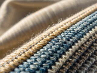 Detailed view of a woven fabric, focusing on the threads and textures