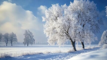 A serene winter landscape featuring frosty trees under a clear blue sky, capturing the beauty of snowy tranquility.