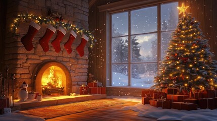 Obraz premium A cozy winter scene featuring a decorated Christmas tree, stockings by the fireplace, and snow falling outside the window.
