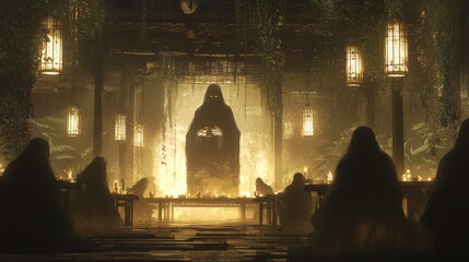 Obraz premium Eerie Encounter - Japanese Dark Myth Scene of Spirits Sipping Ghostly Tea in Haunted Tea House with Flickering Lanterns