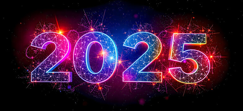 Happy New Year 2025. New Year's Eve Party background banner greeting card illustration decor 
 with text. Golden fireworks in the night sky. 2025 neon glowing text wallpaper. AI generated