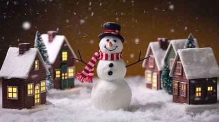 Naklejka premium Snowman in a Festive Christmas Village Amidst Gentle Snowfall