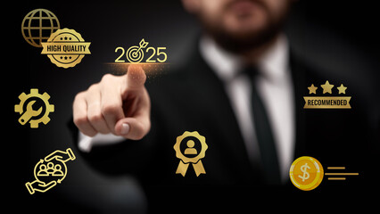 Newyear 2025 business goals concept. Businessman indicating the year 2025 goals for company future....