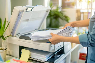 Efficiently loading stack of papers into multifunction printer, person demonstrates productivity in modern office environment. scene captures essence of daily office tasks and organization