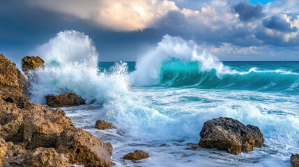 Dynamic Ocean Waves Crash on Rocky Shoreline