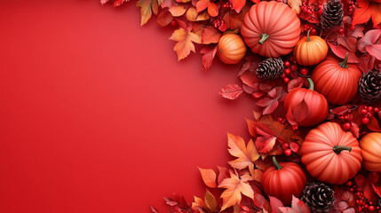 Obraz premium Autumn still life with pumpkin surrounded by holiday decorations featuring red berries, green holly leaves, and seasonal flowers