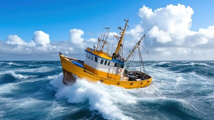 Naklejka premium Struggling Fishing Boat in Stormy Ocean Waves